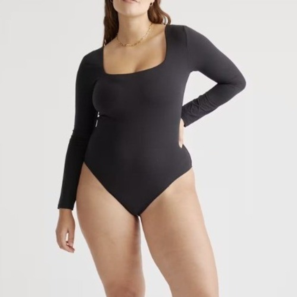 NEW Quince Second Skin Square Neck Long Sleeve Bodysuit Size L Black Thong Basic